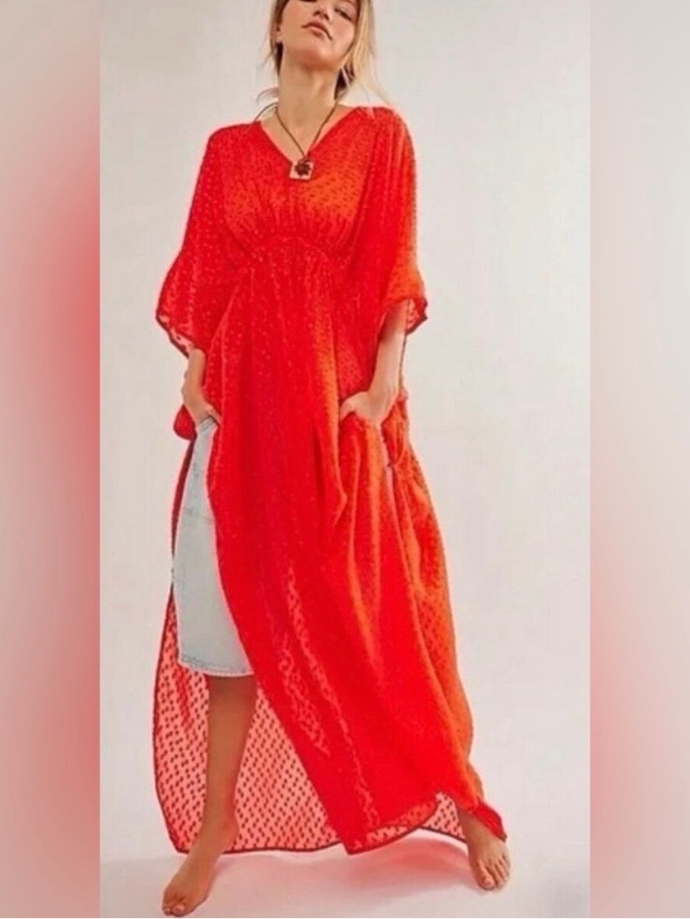 Free People Red Sheer Maxi Swim Coverup with Drawstring Waist